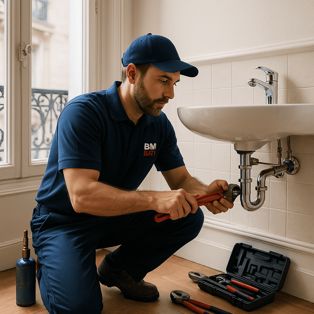 Artisan BmBati au travail avec outils professionnels - Intervention plomberie de qualité