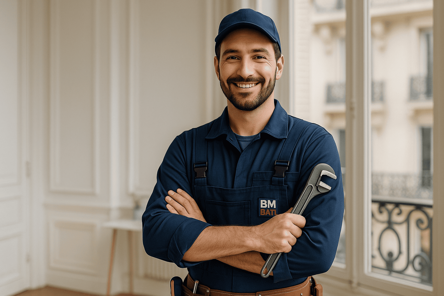 Plombier professionnel BmBati en tenue de travail avec outils - Artisan expert en plomberie